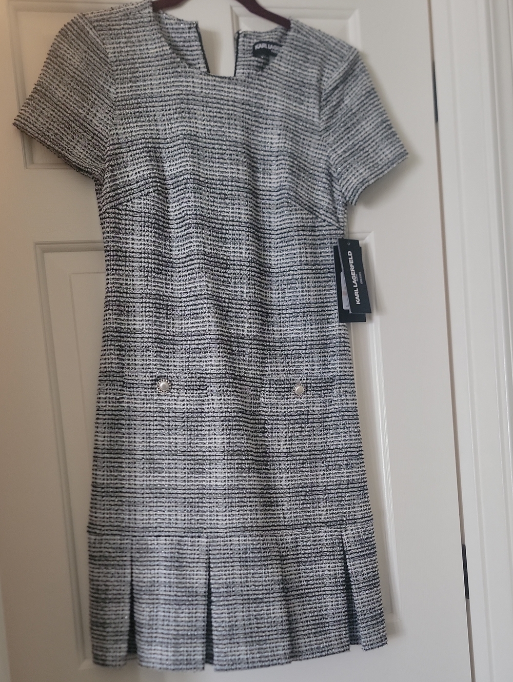 Karl Lagerfeld Black and White Tweed Pleated Hem Dress